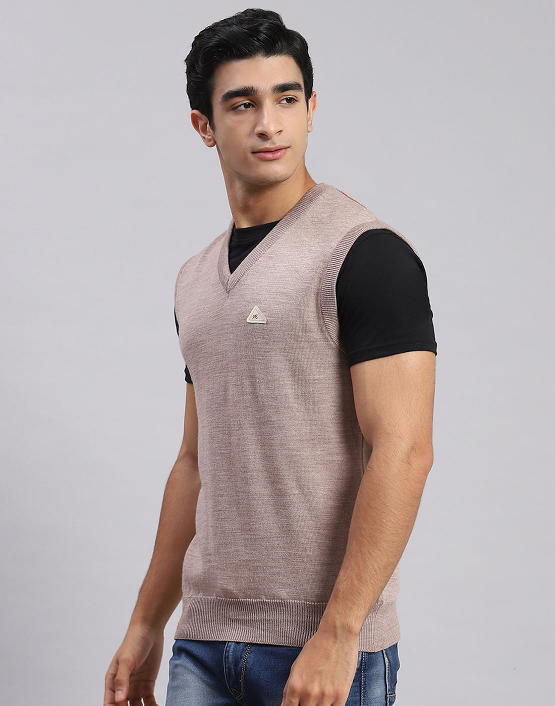 Men Beige Solid V Neck Sleeveless Sweaters/Pullovers