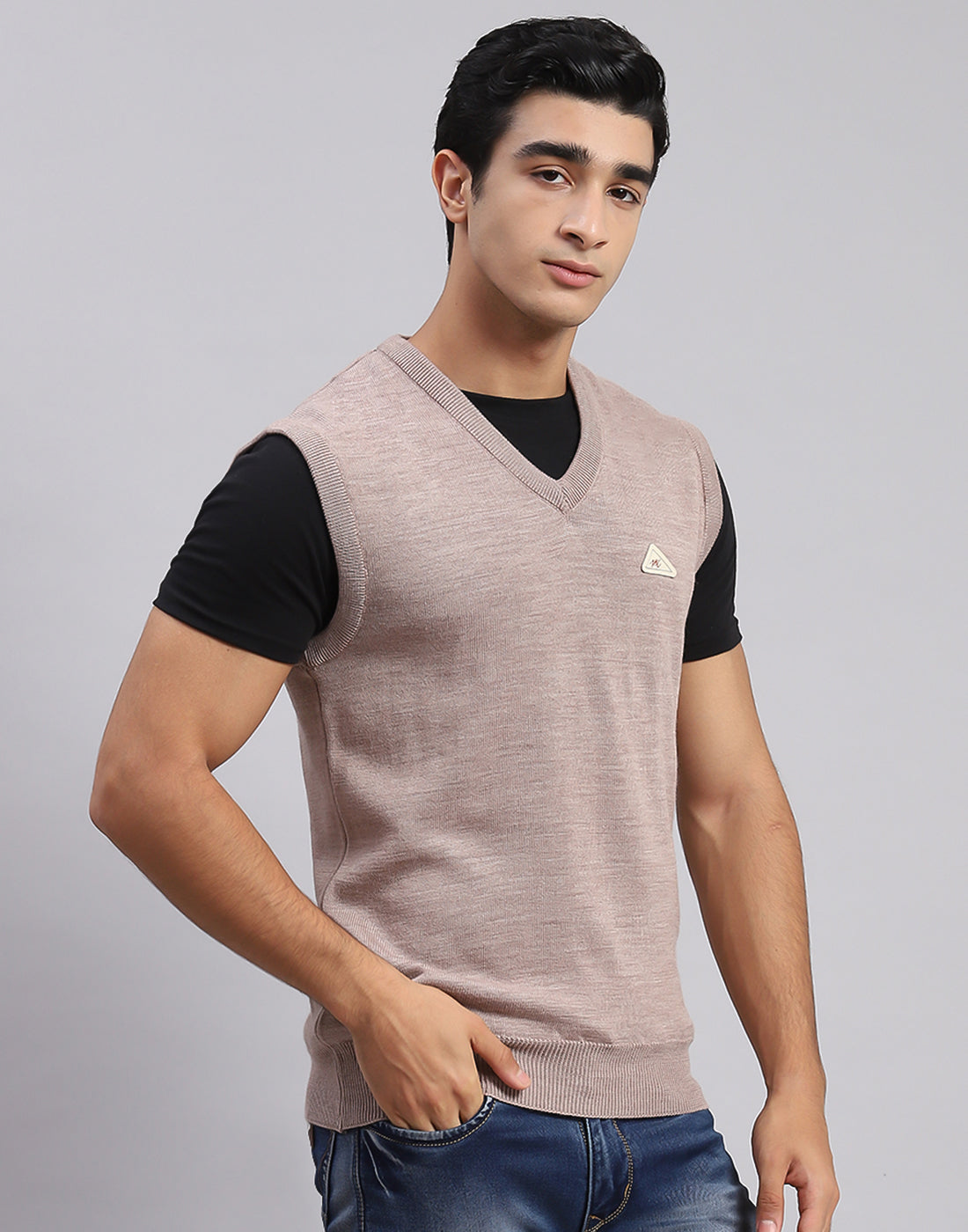 Men Beige Solid V Neck Sleeveless Sweaters/Pullovers
