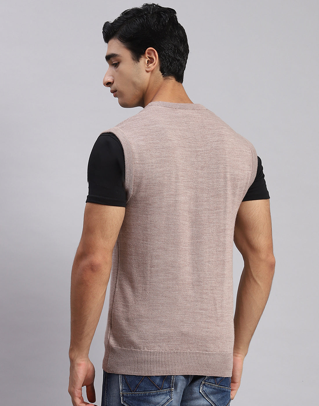 Men Beige Solid V Neck Sleeveless Sweaters/Pullovers