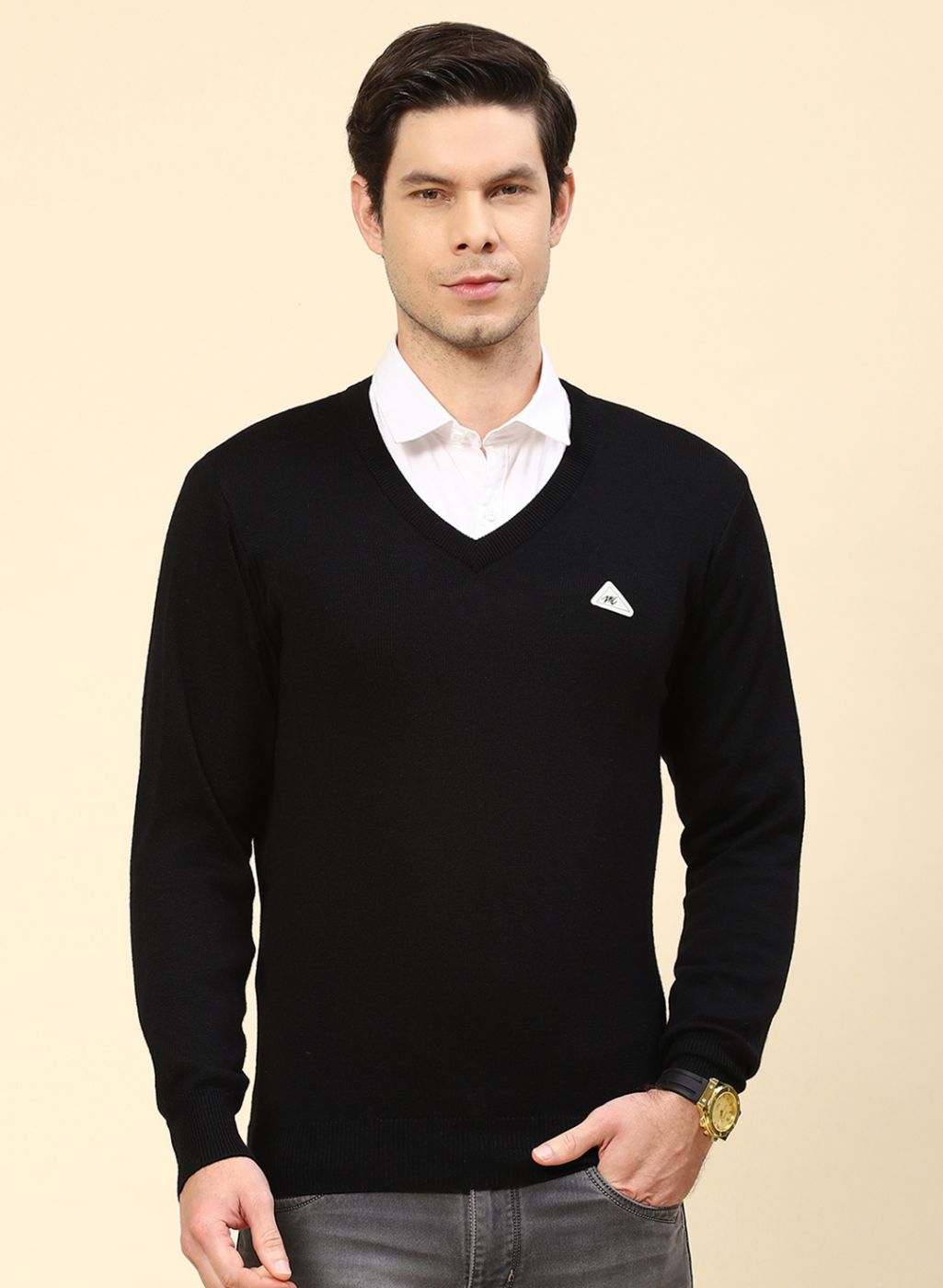 Men Black Solid Pure wool Pullover