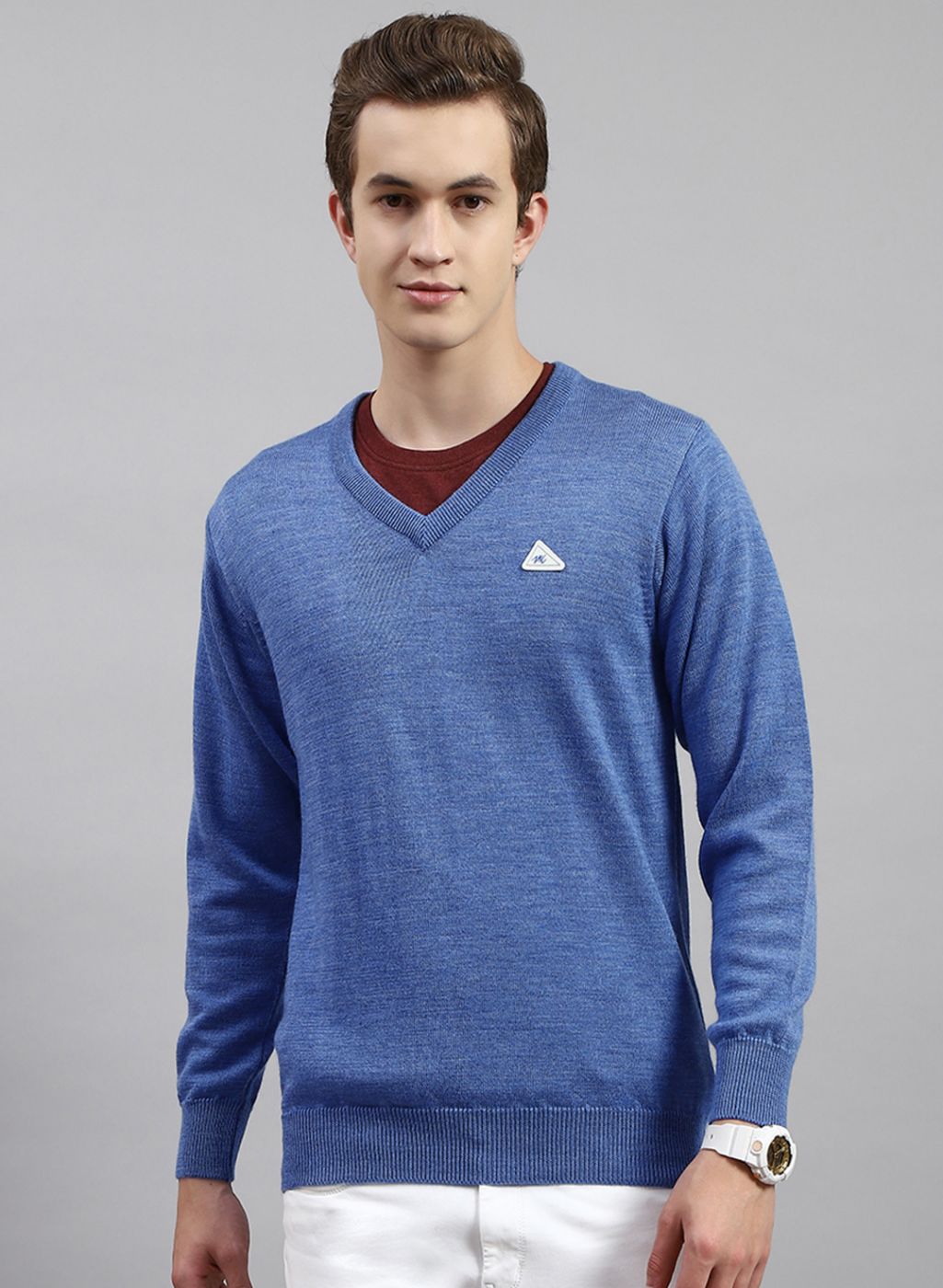 Men Blue Solid Pure wool Pullover