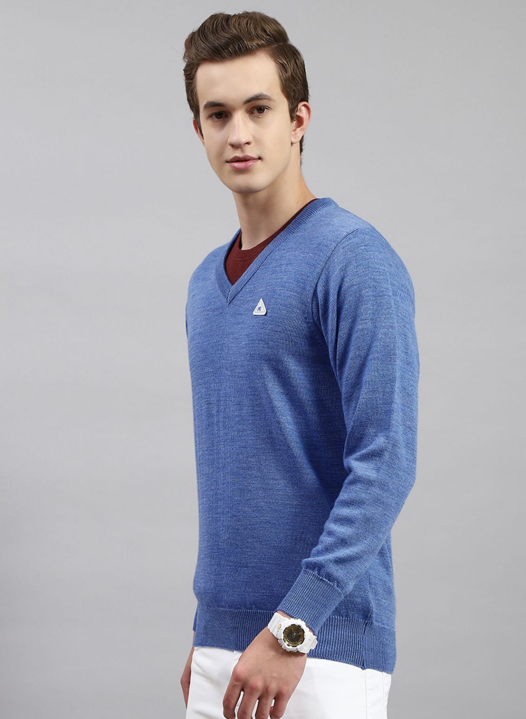 Men Blue Solid Pure wool Pullover