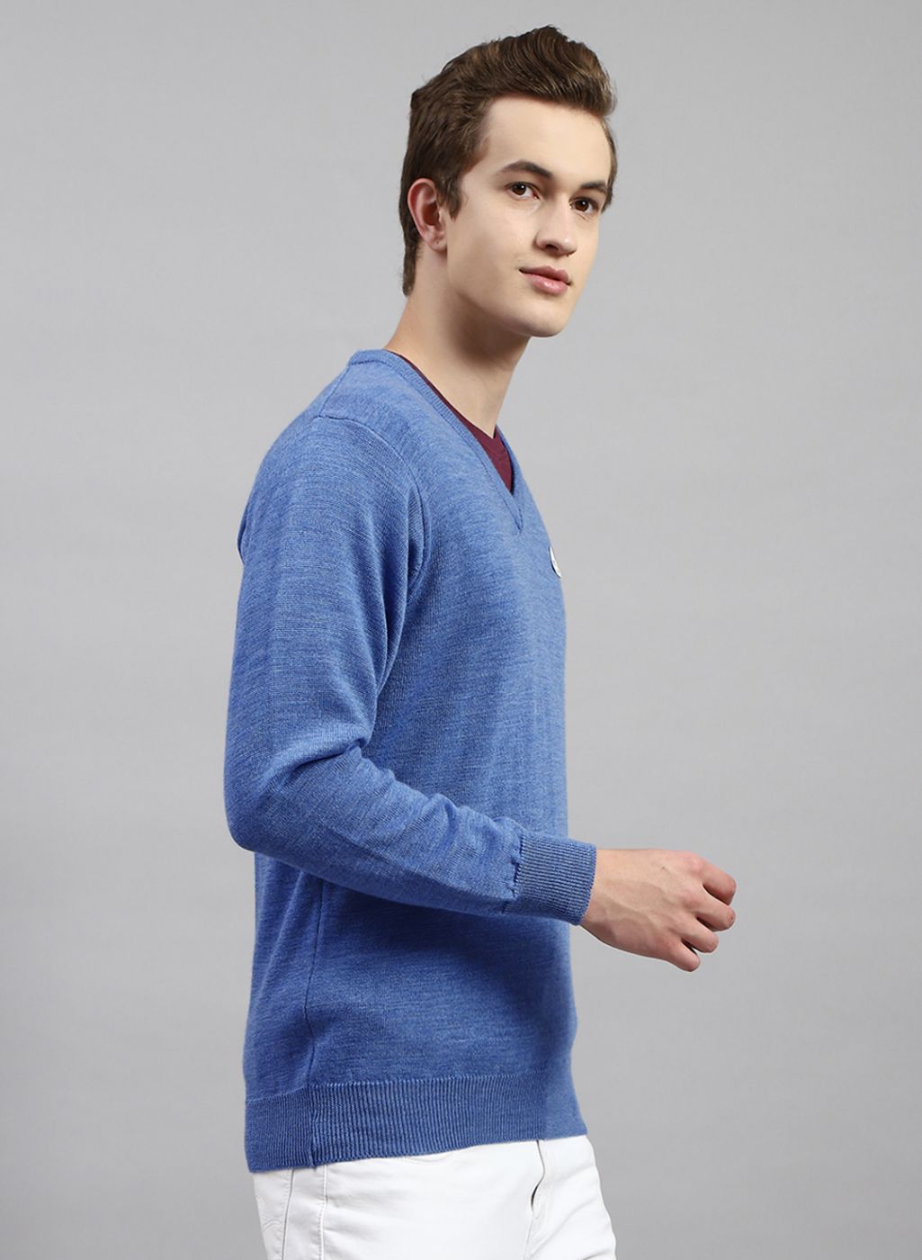 Men Blue Solid Pure wool Pullover