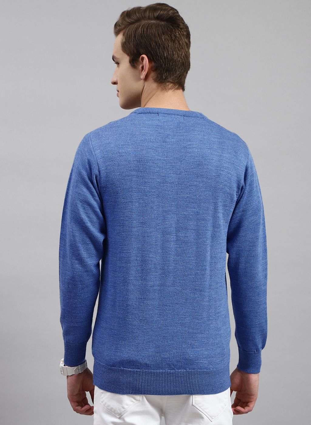 Men Blue Solid Pure wool Pullover