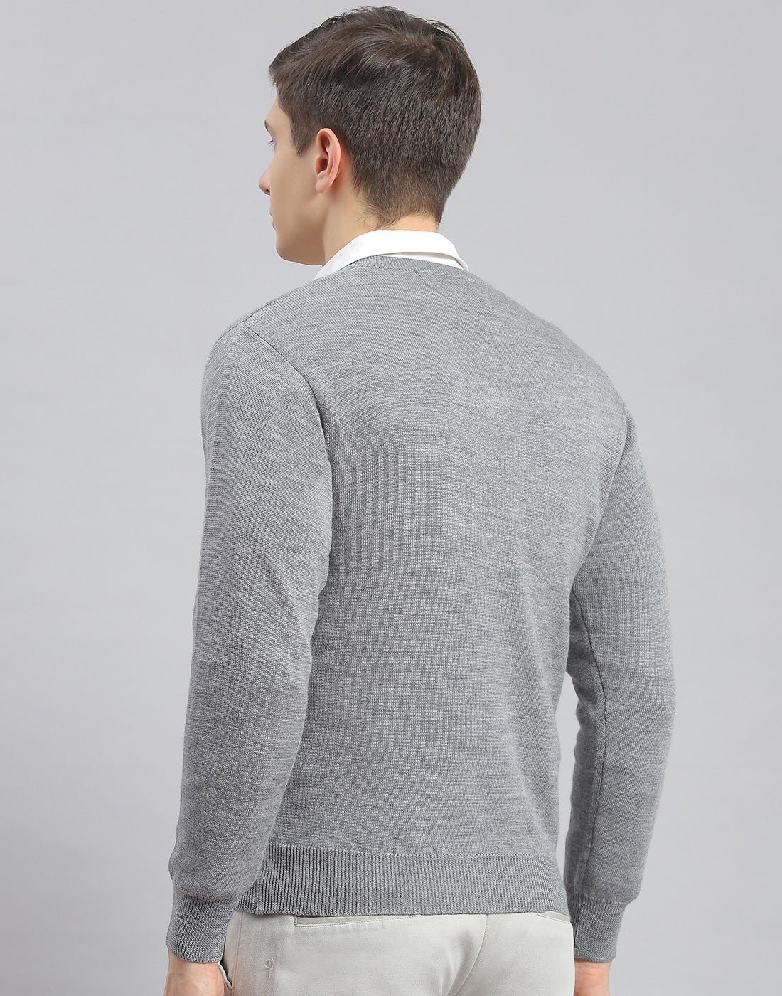 Men Grey Melange Solid V Neck Full Sleeve Pullover