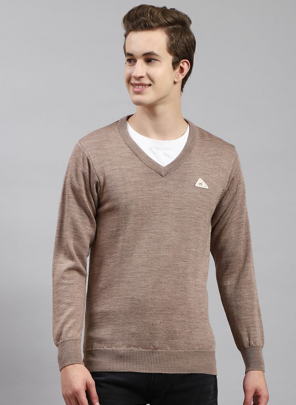 Men Beige Solid Pure wool Pullover