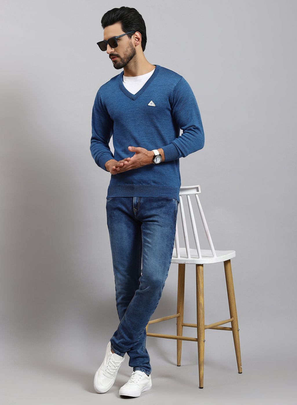 Men Blue Solid Pure wool Pullover