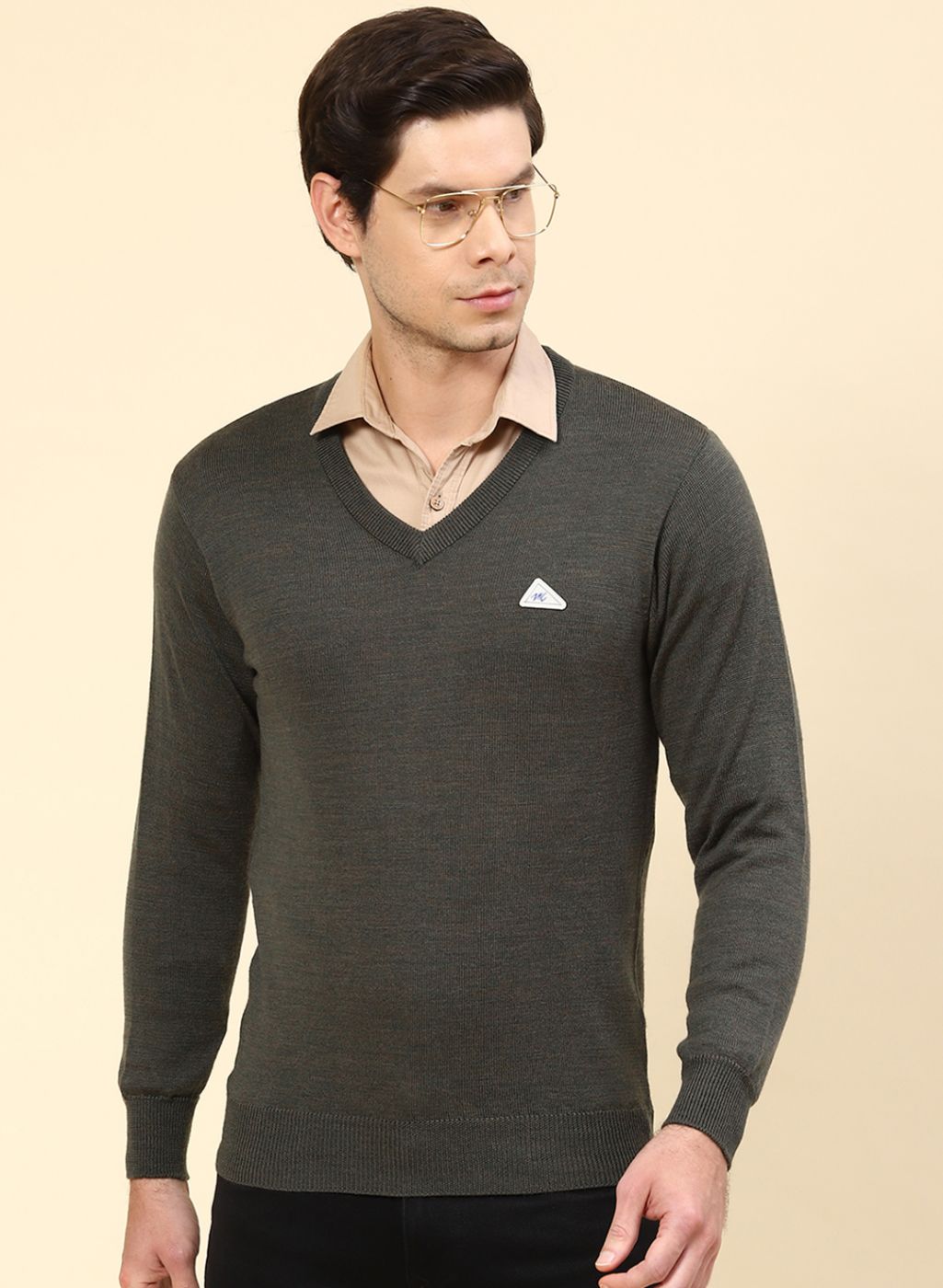 Men Olive Solid Pure wool Pullover