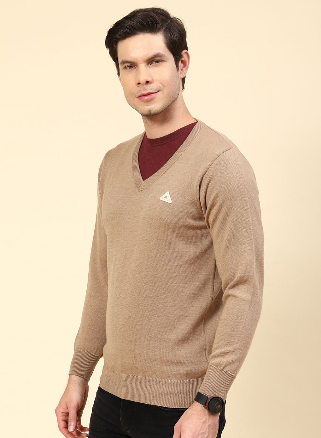 Men Beige Solid Pure wool Pullover