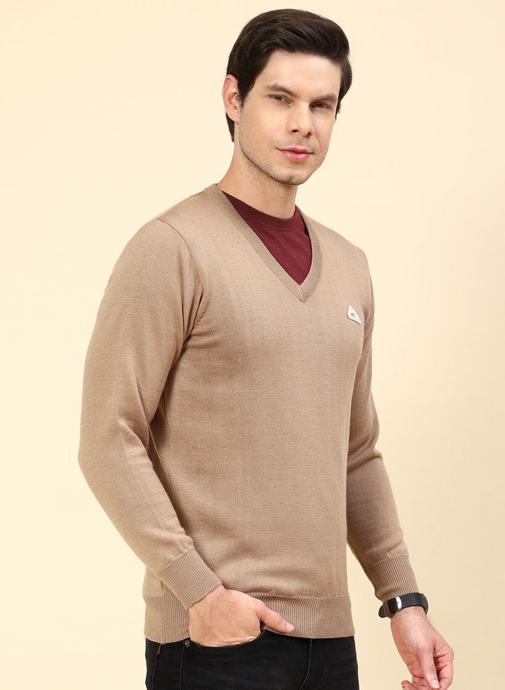 Men Beige Solid Pure wool Pullover