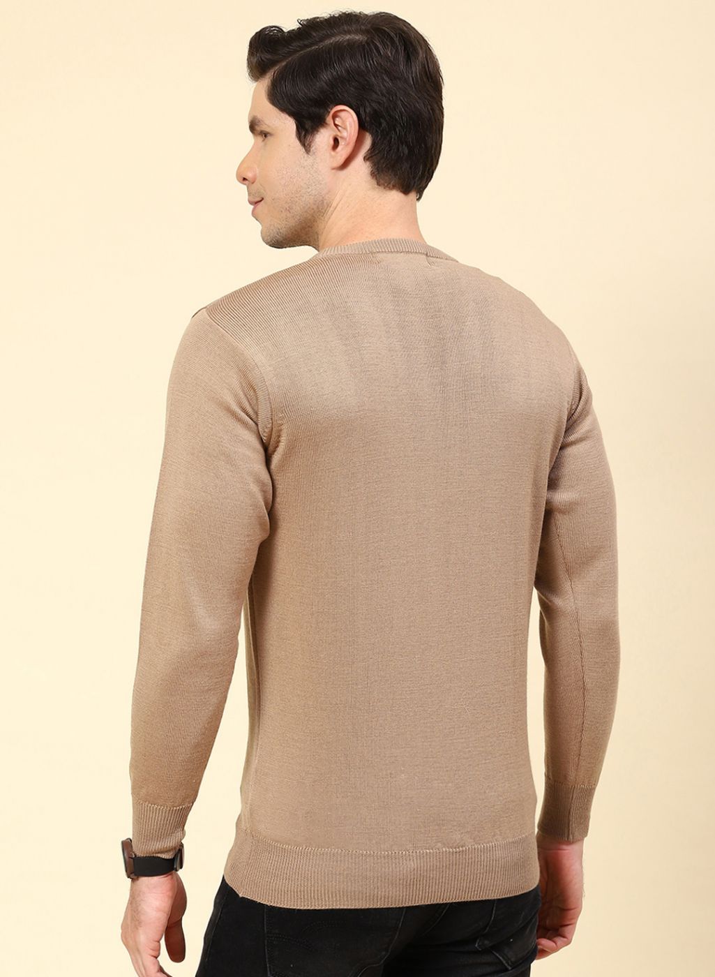 Men Beige Solid Pure wool Pullover