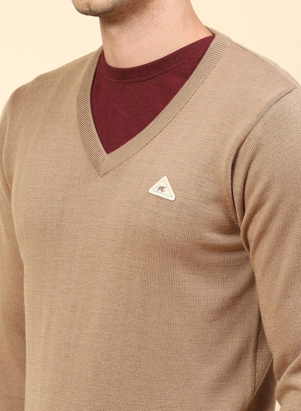Men Beige Solid Pure wool Pullover