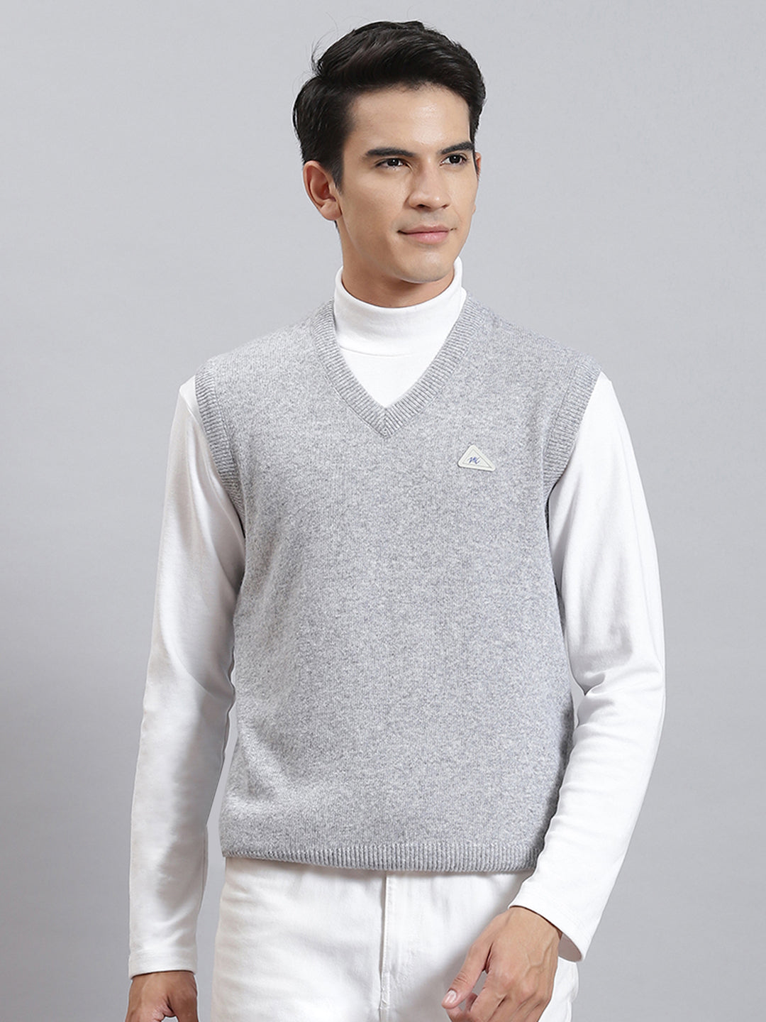 Men Grey Melange Solid V Neck Sleeveless Sweaters/Pullovers