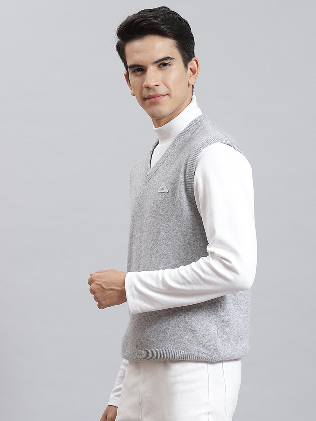 Men Grey Melange Solid V Neck Sleeveless Sweaters/Pullovers