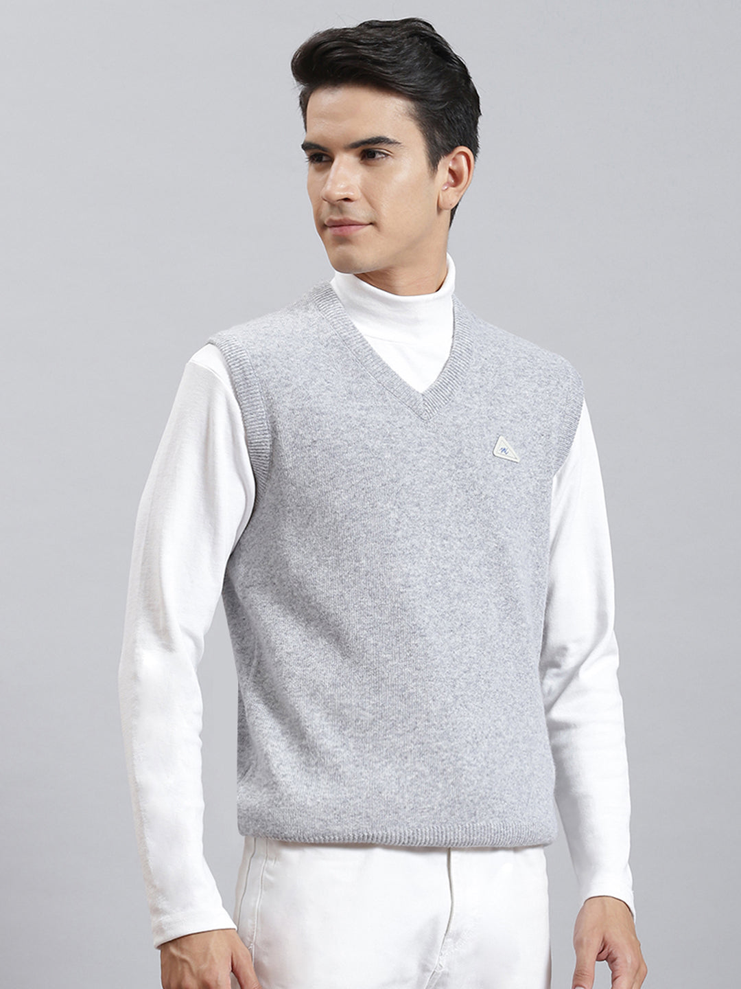 Men Grey Melange Solid V Neck Sleeveless Sweaters/Pullovers