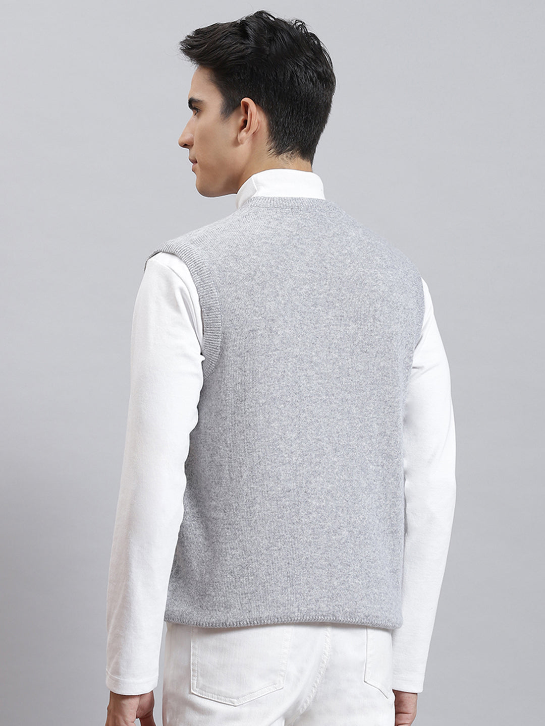Men Grey Melange Solid V Neck Sleeveless Sweaters/Pullovers
