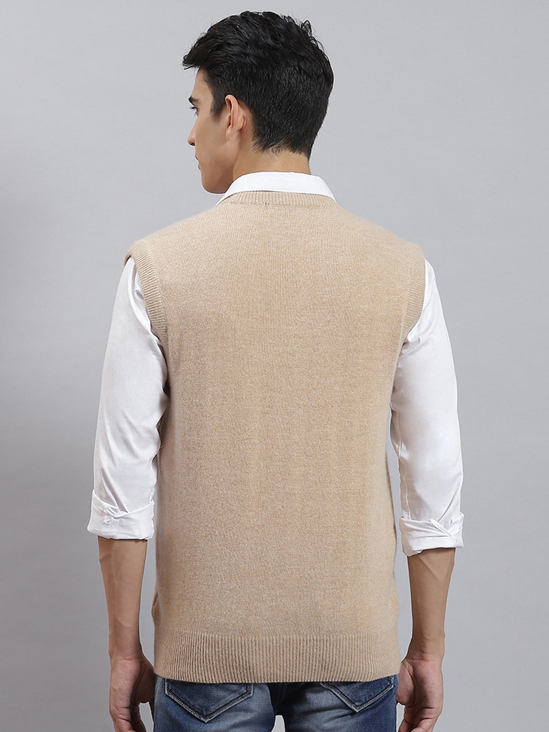 Men Camel Brown Solid V Neck Sleeveless Sweaters/Pullovers