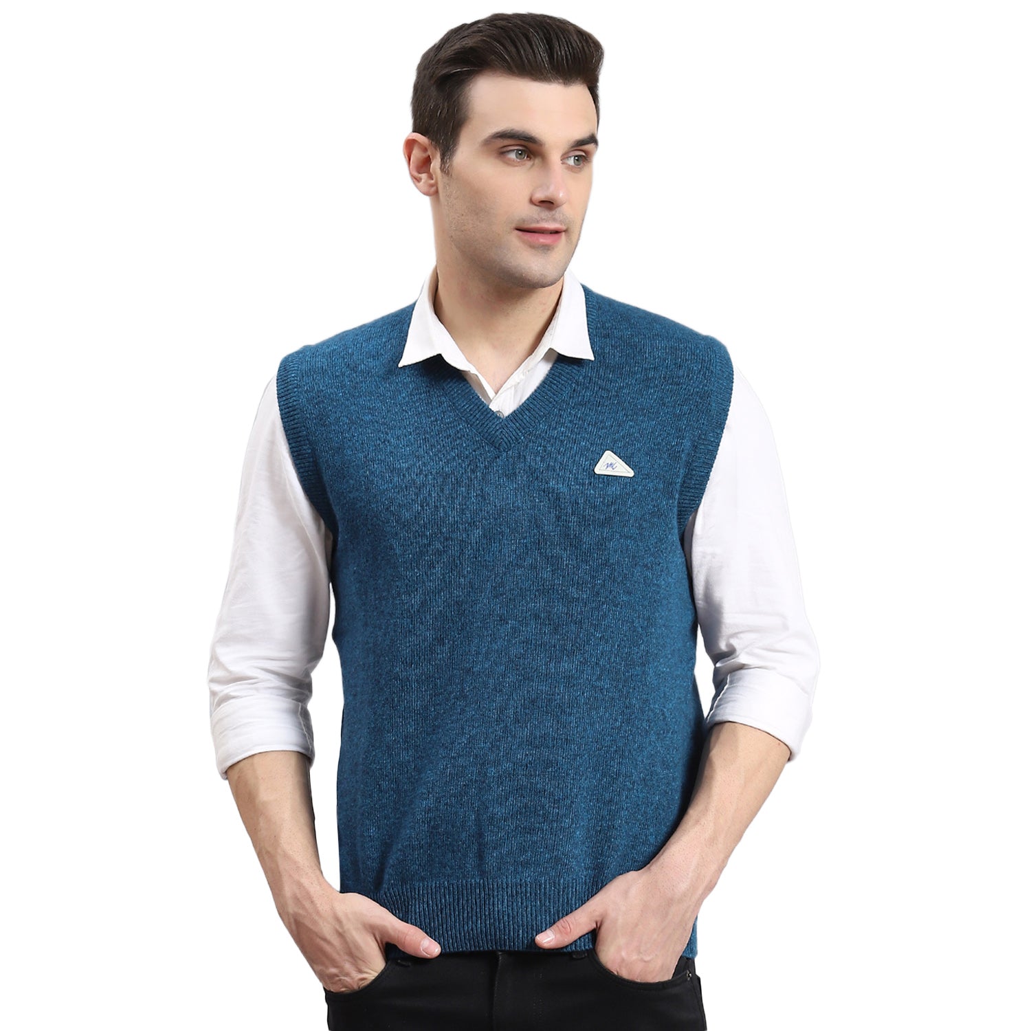 Men Turquoise Blue Solid V Neck Sleeveless Sweater