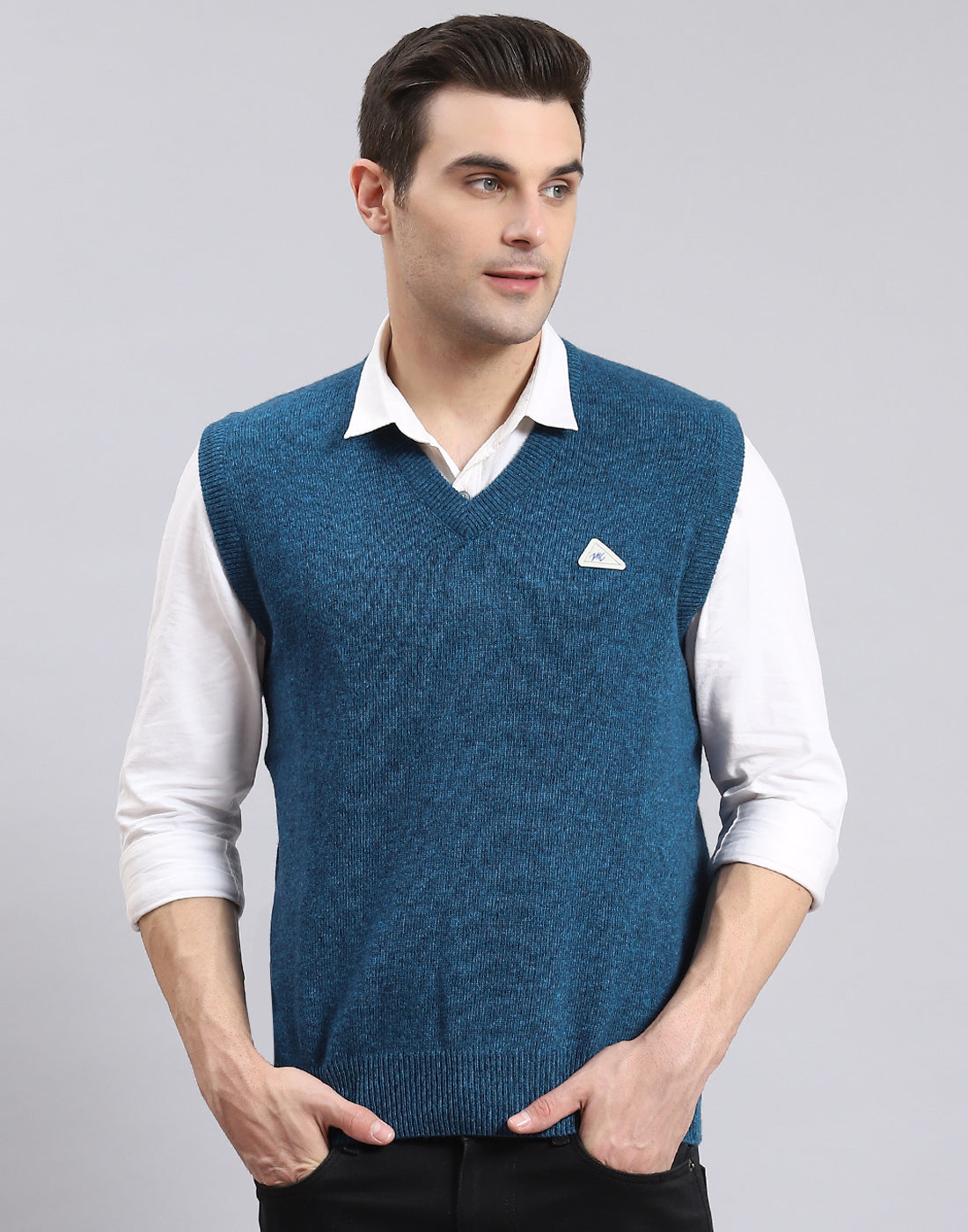 Men Turquoise Blue Solid V Neck Sleeveless Sweater
