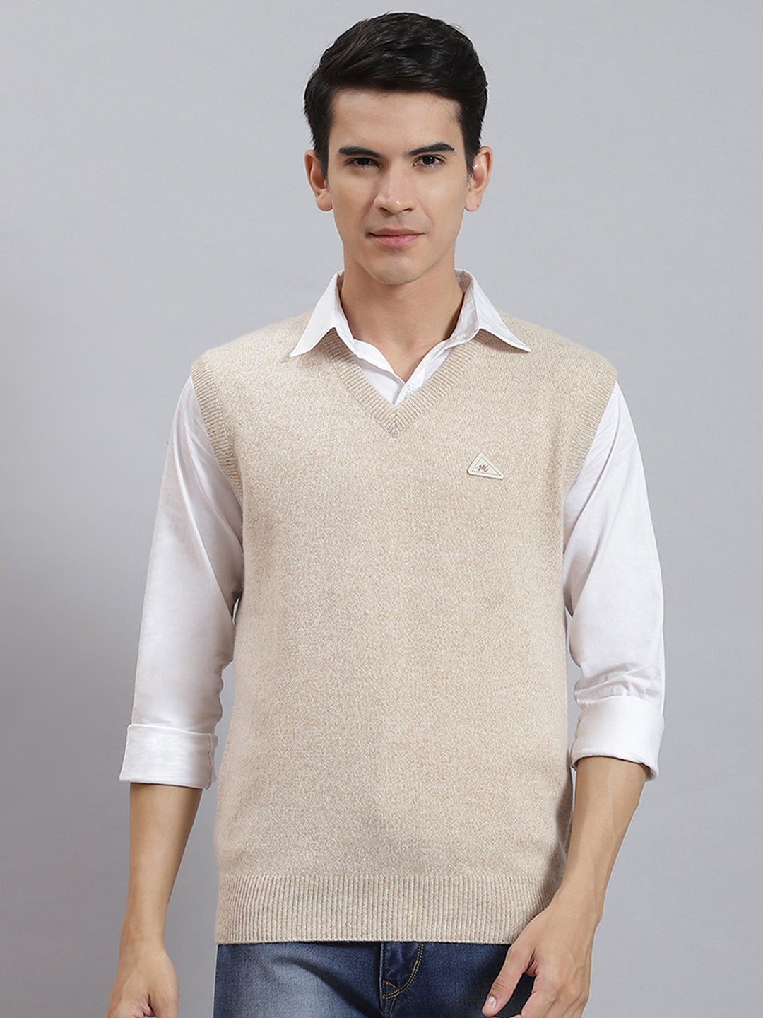 Men Beige Solid V Neck Sleeveless Sweaters/Pullovers