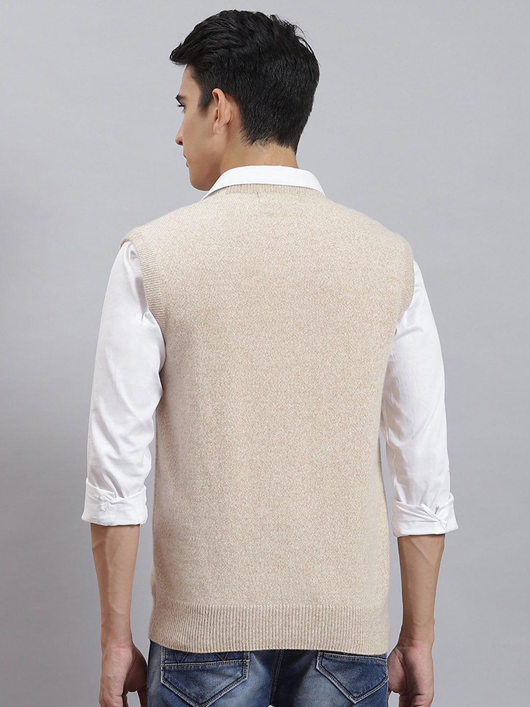 Men Beige Solid V Neck Sleeveless Sweaters/Pullovers