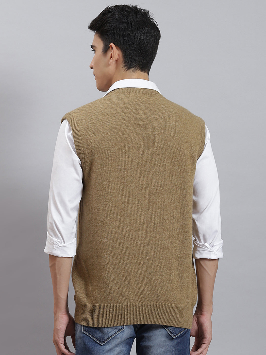 Men Brown Solid V Neck Sleeveless Sweaters/Pullovers