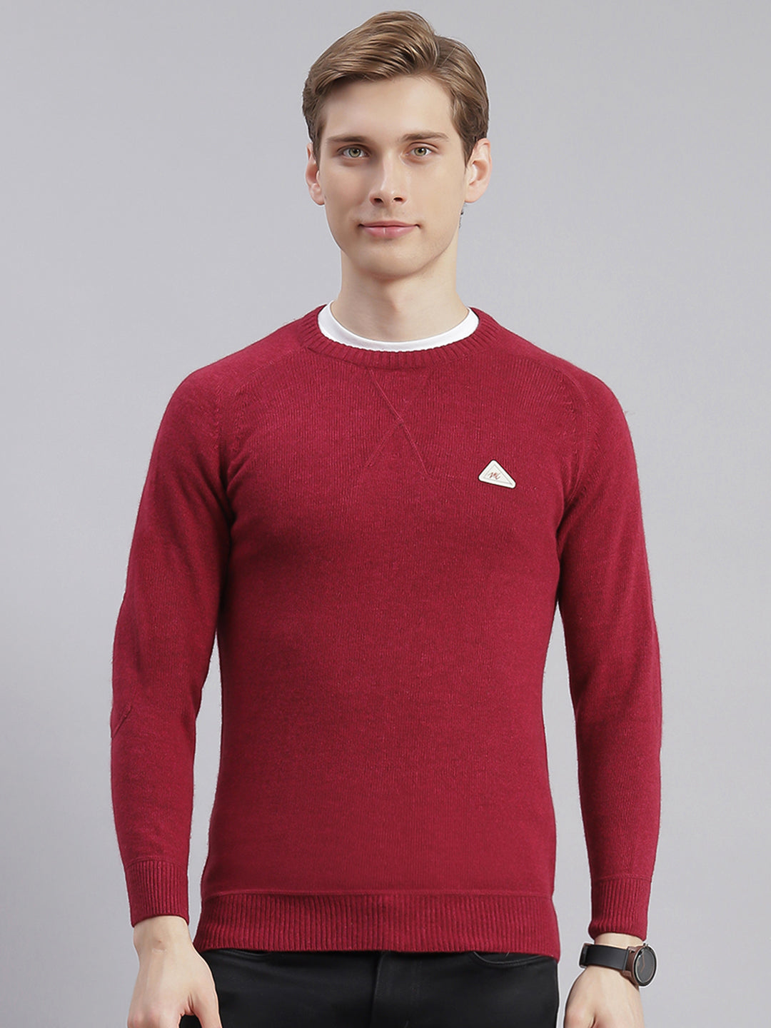 Men Maroon Solid Round Neck Full Sleeve Sweaters/Pullovers