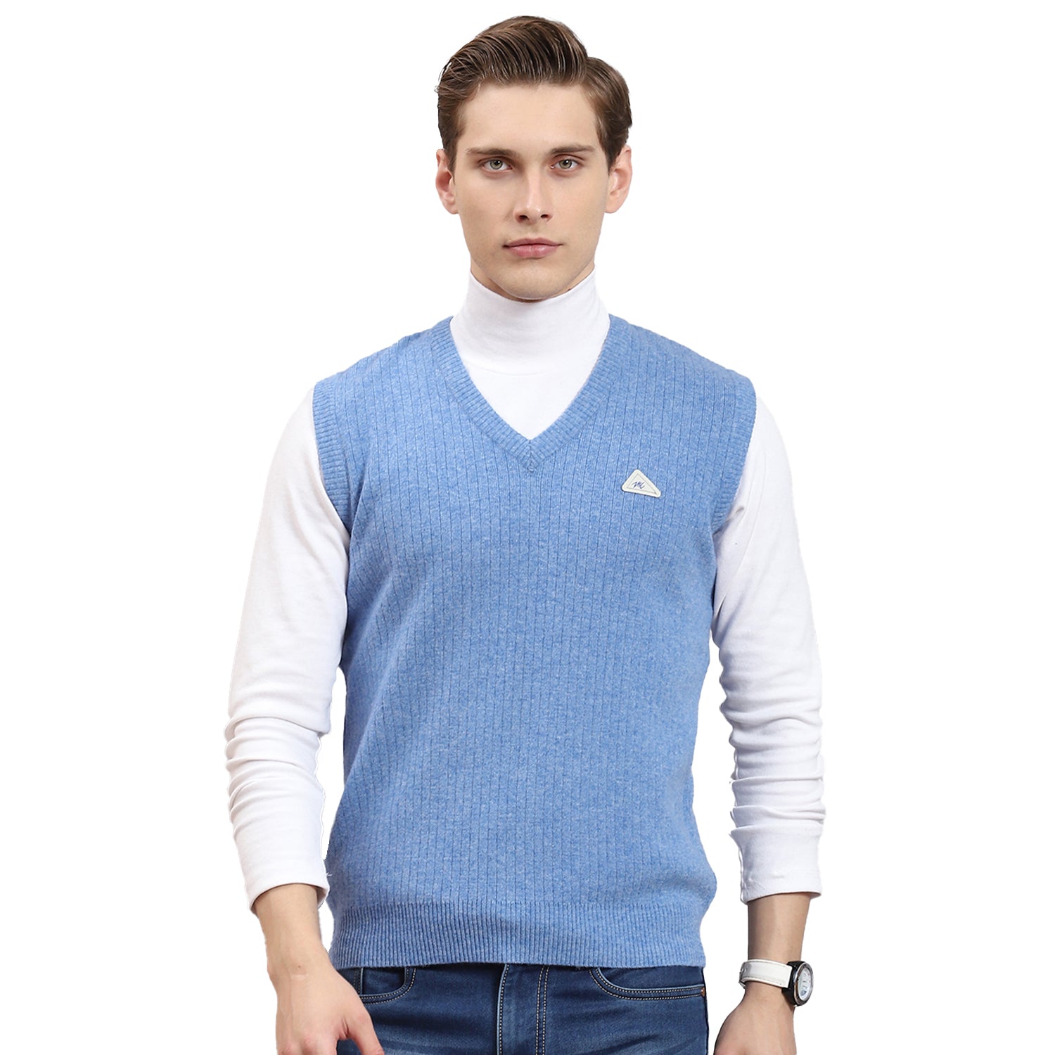 Men Blue Solid V Neck Sleeveless Sweater