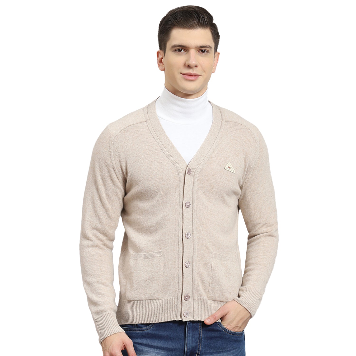 Men Beige Solid V Neck Full Sleeve Sweater