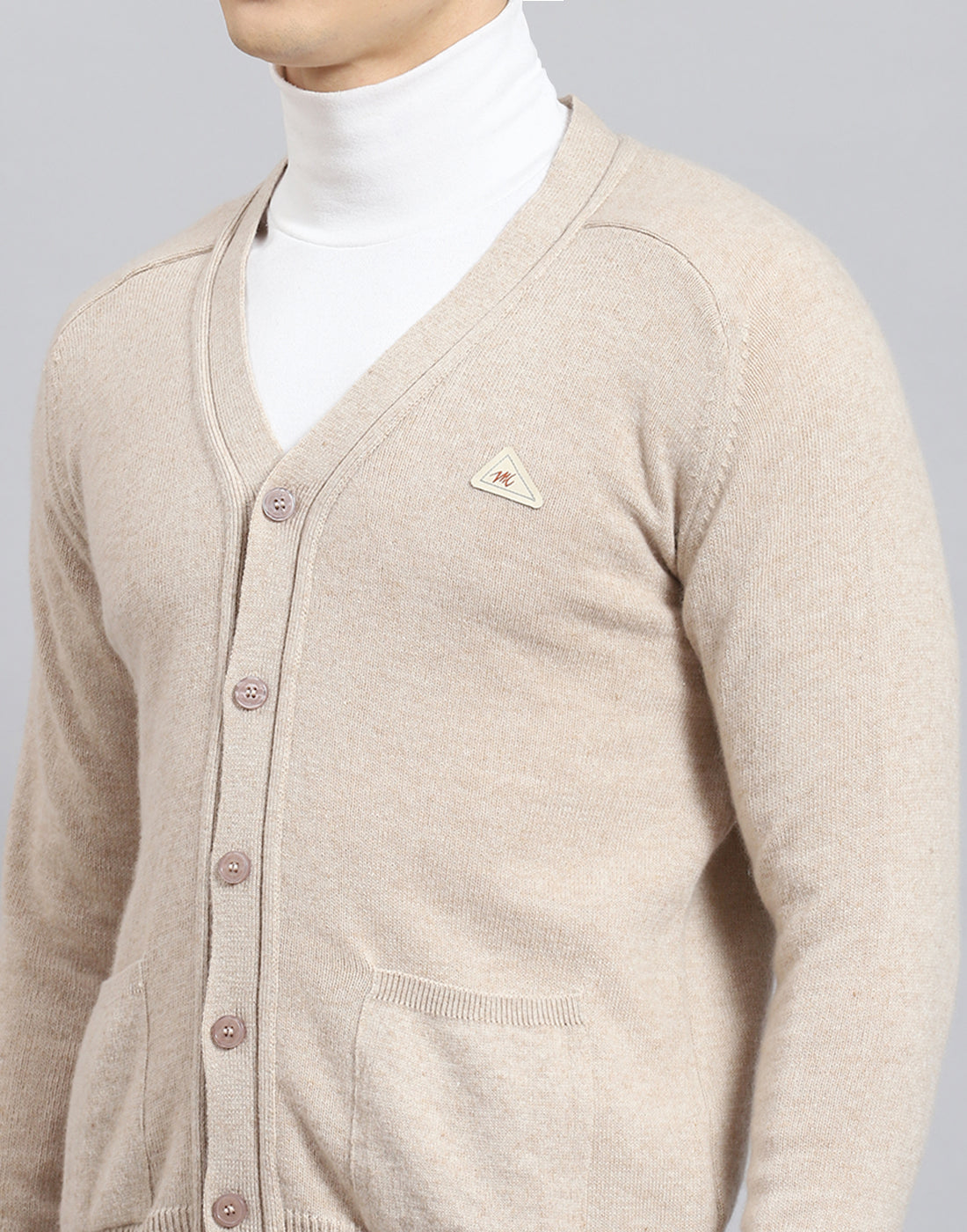 Men Beige Solid V Neck Full Sleeve Sweater