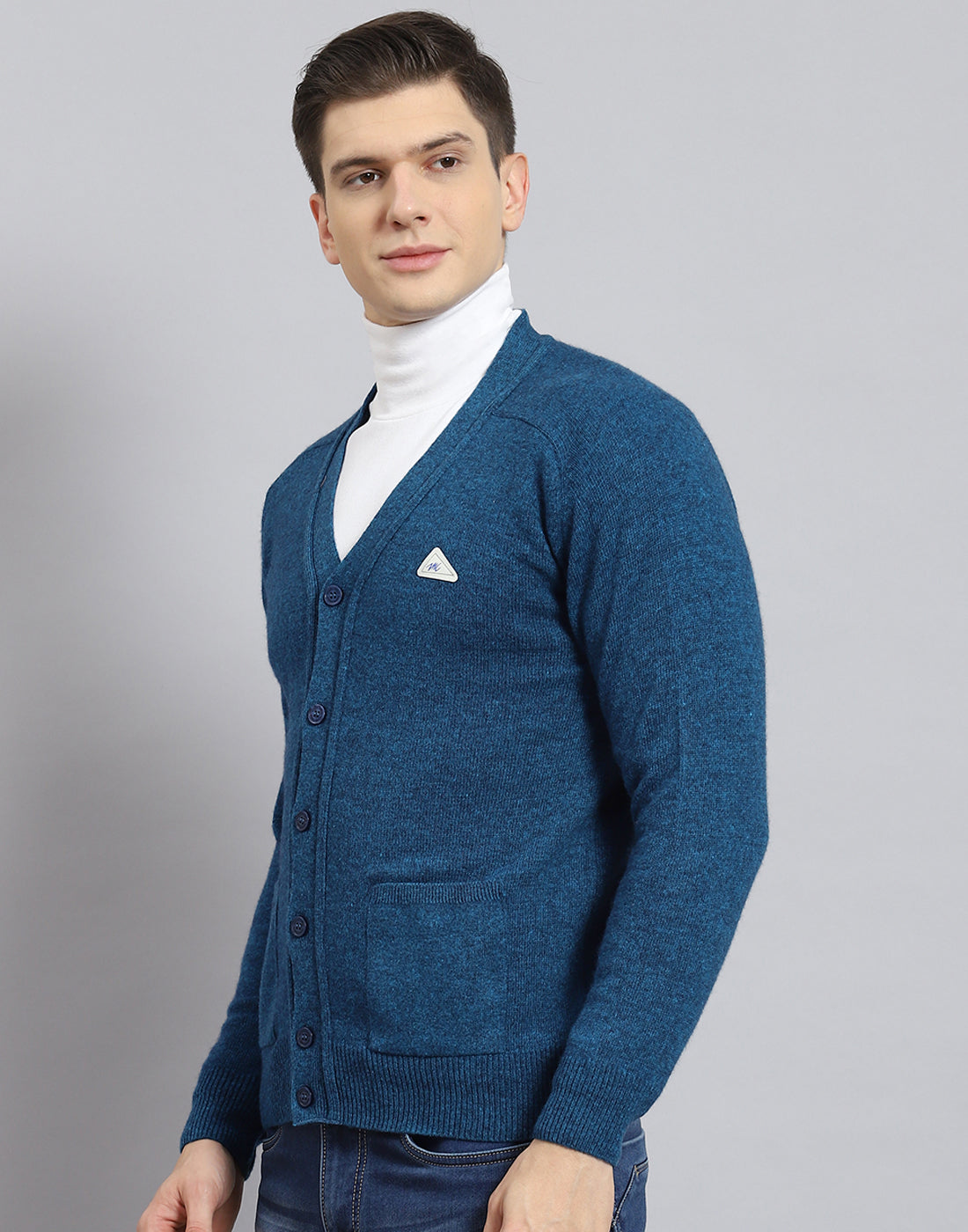 Men Turquoise Blue Solid V Neck Full Sleeve Sweater