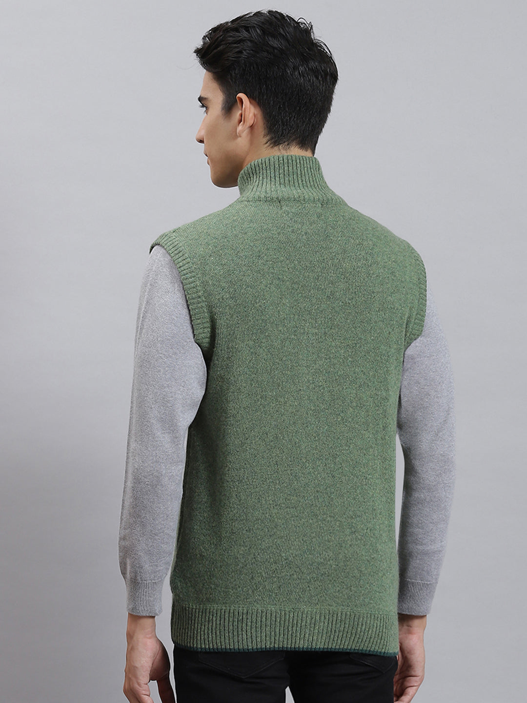 Men Green Solid Stand Collar Sleeveless Sweaters/Pullovers