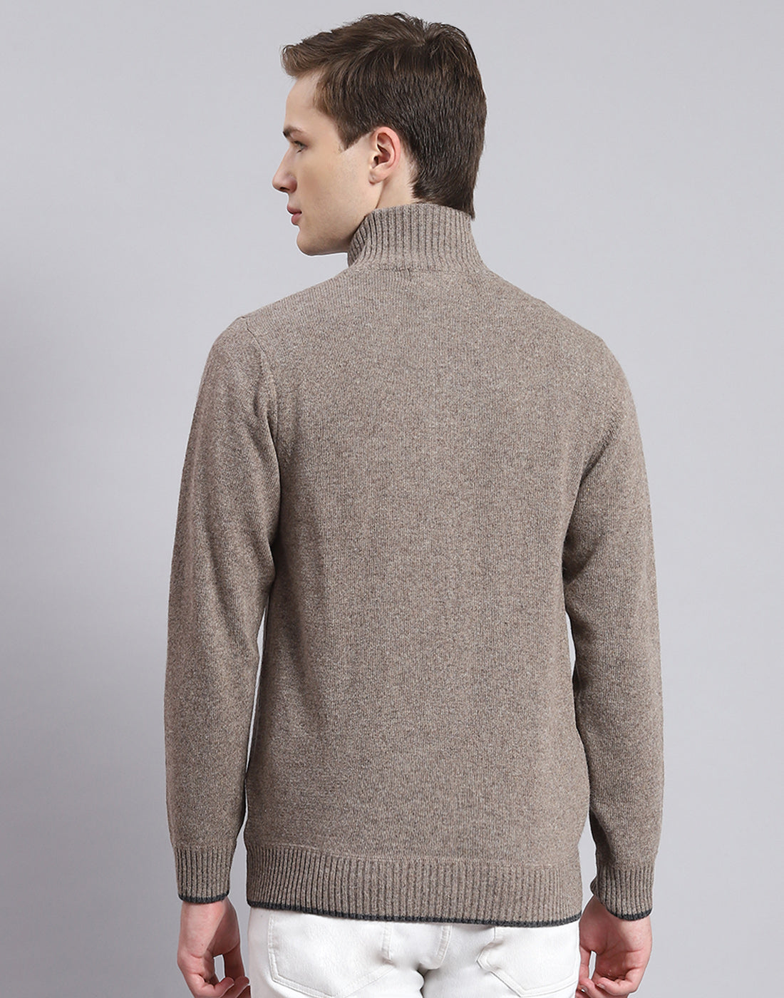 Men Brown Solid Stand Collar Full Sleeve Sweater