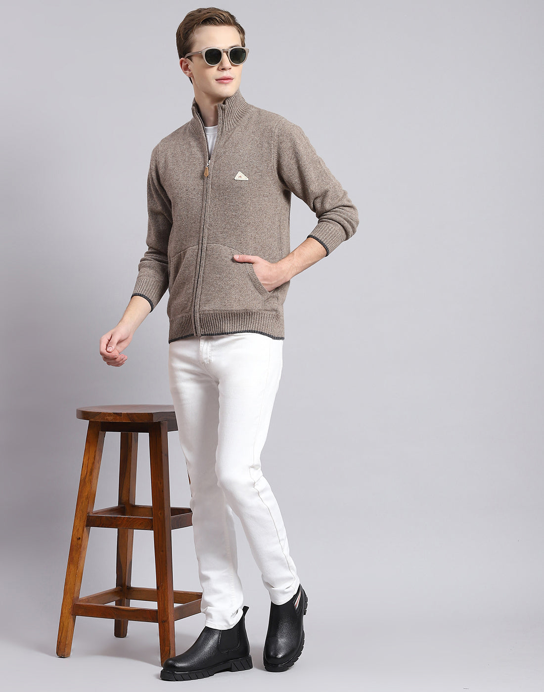 Men Brown Solid Stand Collar Full Sleeve Sweater