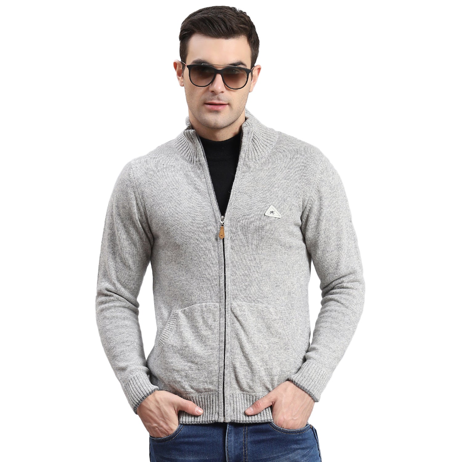 Men Grey Solid Stand Collar Full Sleeve Sweater