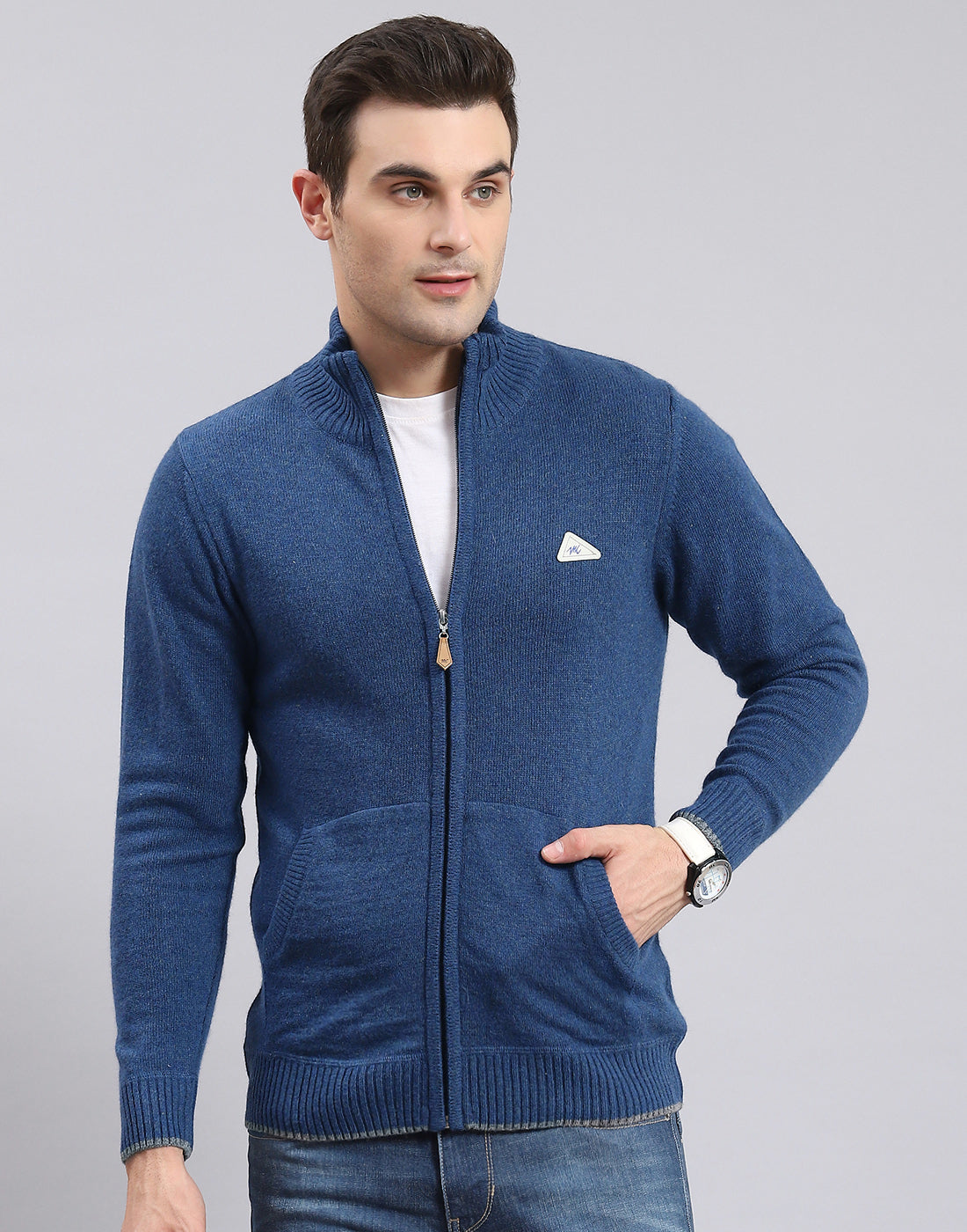 Men Blue Solid Stand Collar Full Sleeve Sweater