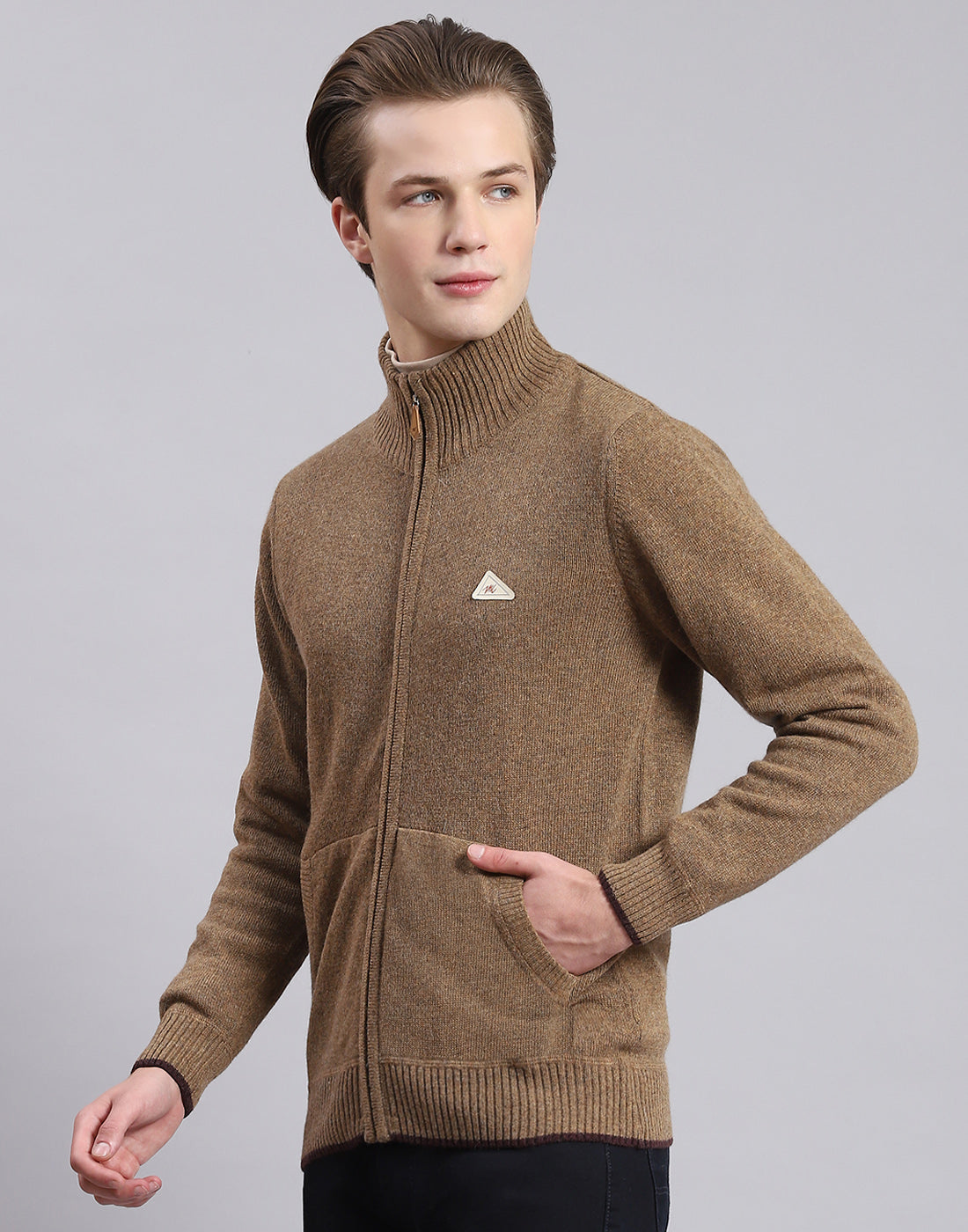 Men Brown Solid Stand Collar Full Sleeve Sweater