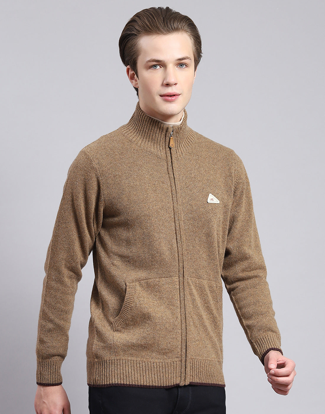 Men Brown Solid Stand Collar Full Sleeve Sweater