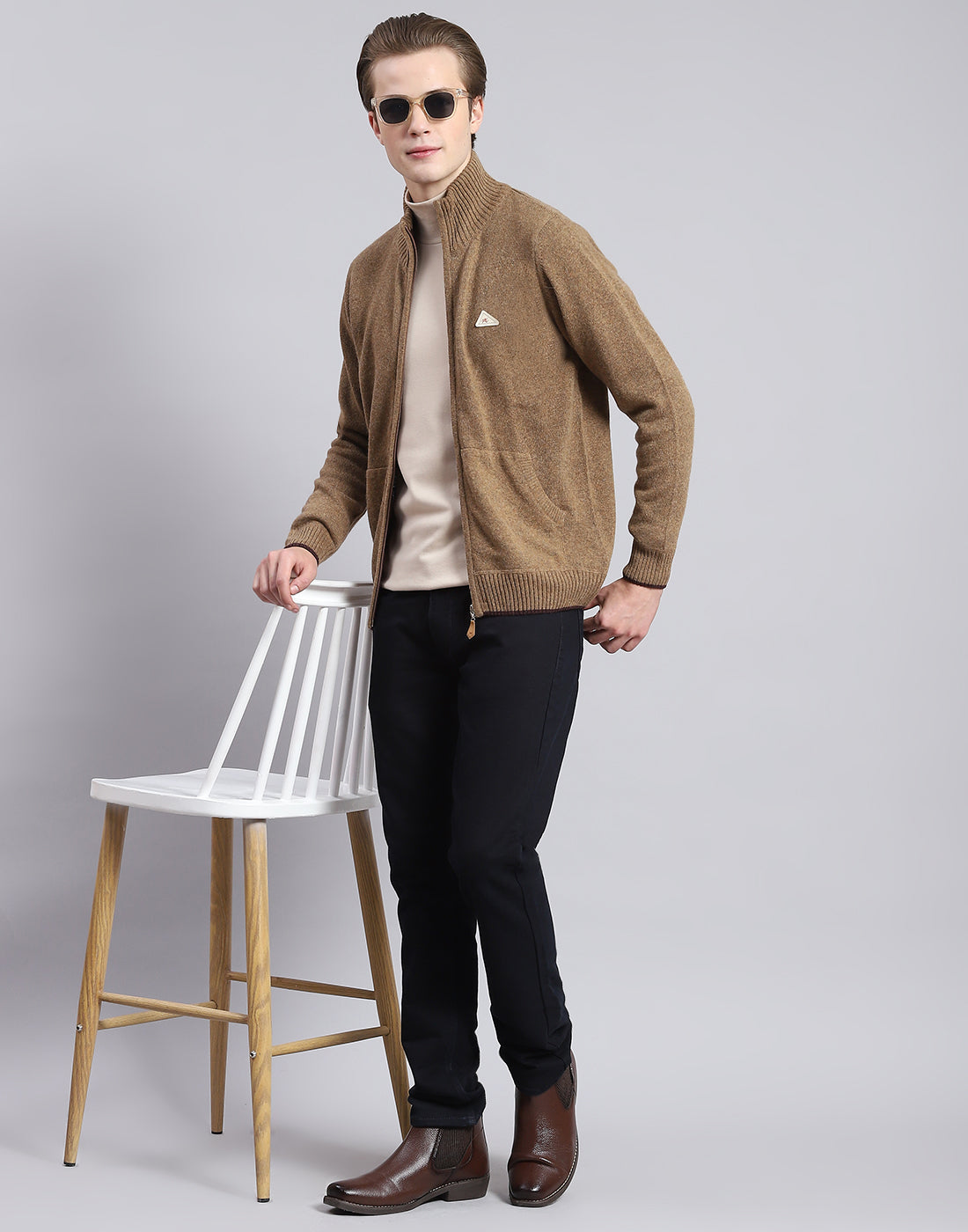 Men Brown Solid Stand Collar Full Sleeve Sweater