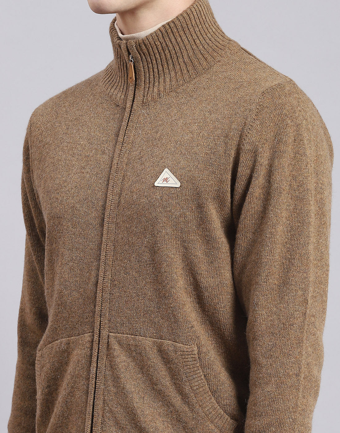 Men Brown Solid Stand Collar Full Sleeve Sweater