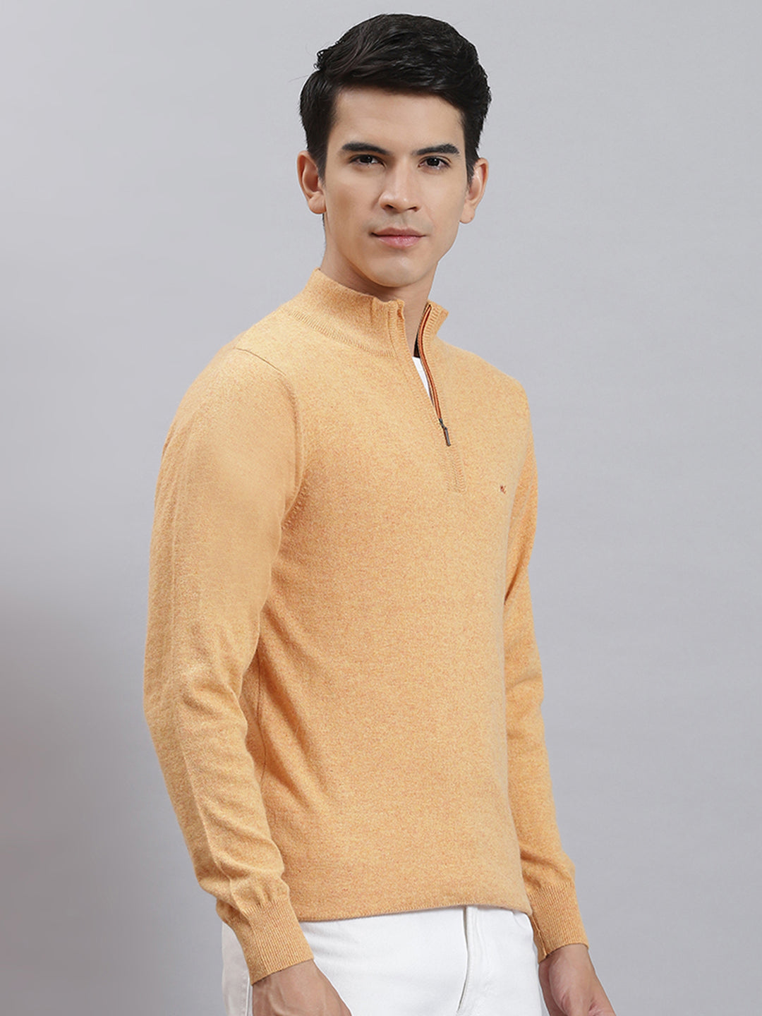 Men Orange Solid Stand Collar Full Sleeve Sweaters/Pullovers