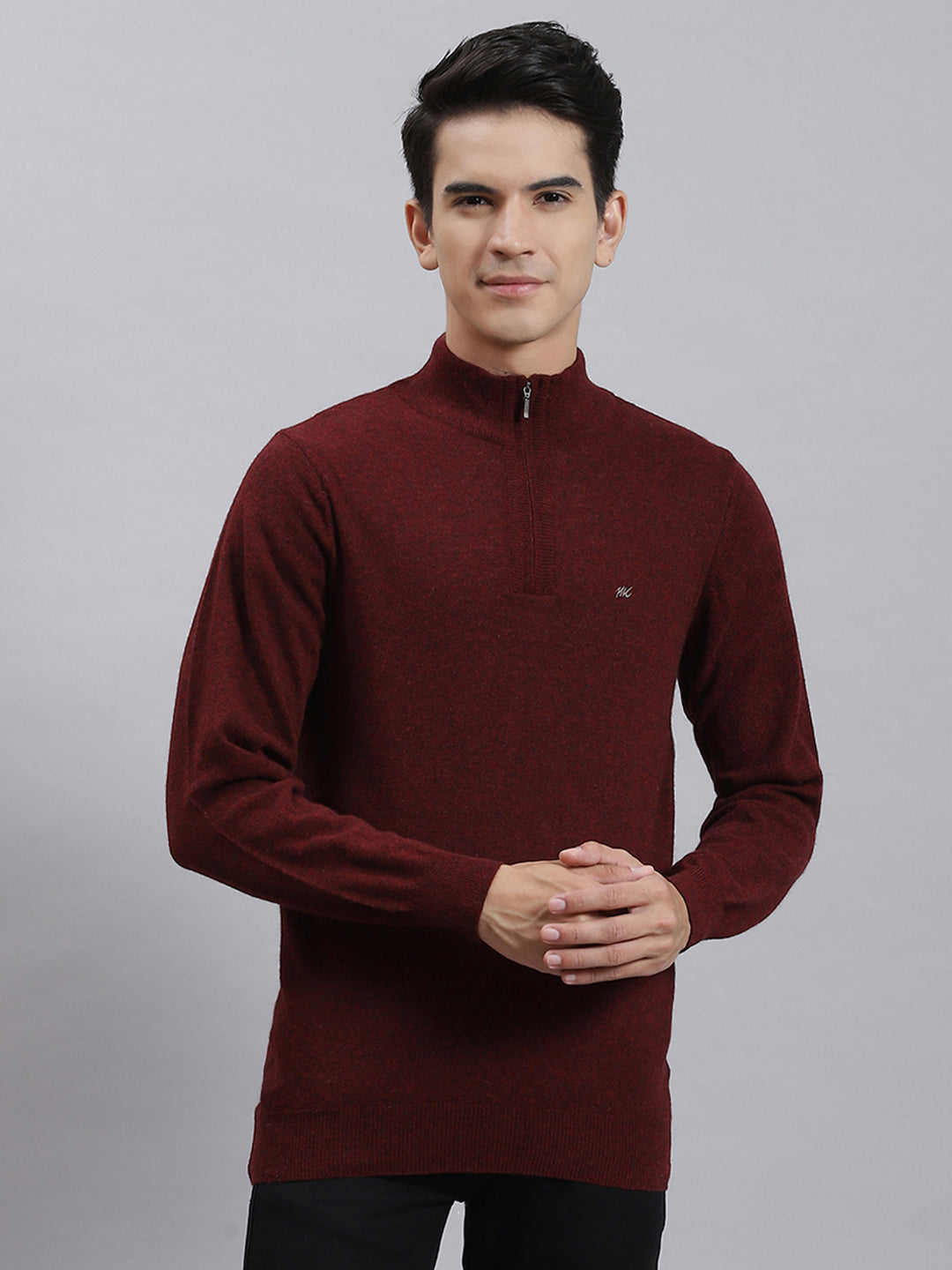 Buy Men Maroon Solid Stand Collar Full Sleeve Sweaters/Pullovers