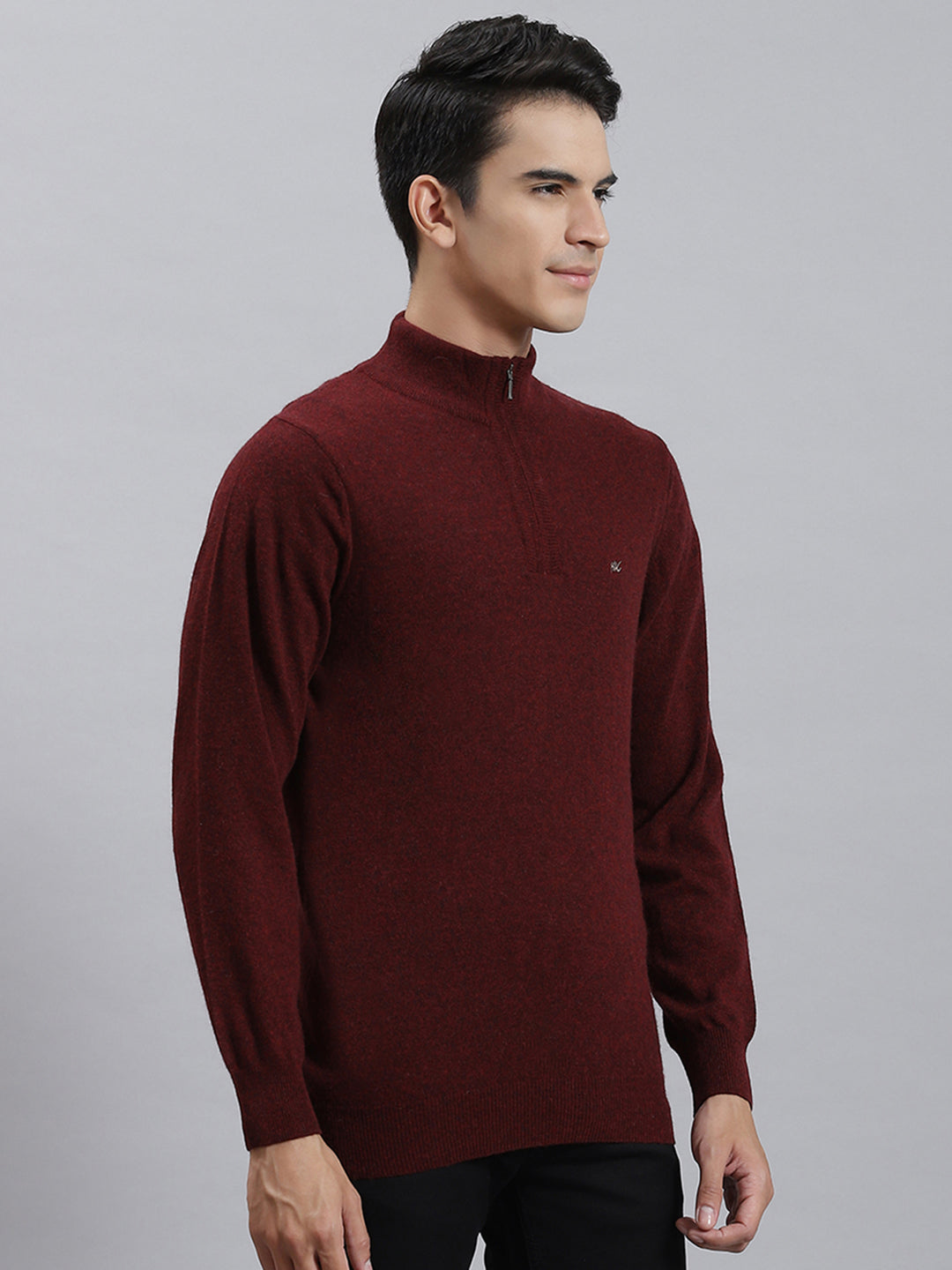 Men Maroon Solid Stand Collar Full Sleeve Sweaters/Pullovers