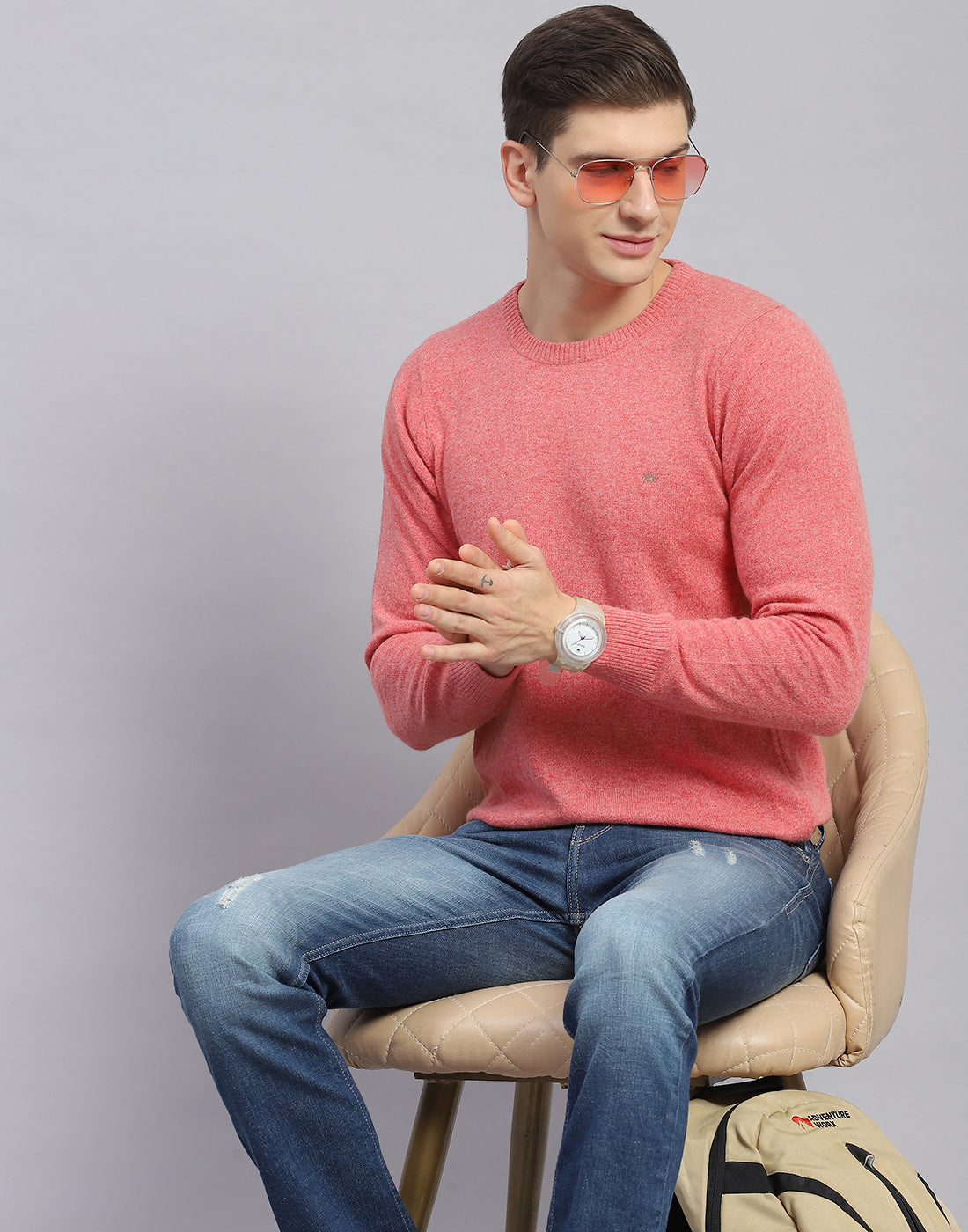 Men Pink Solid Round Neck Full Sleeve Sweater