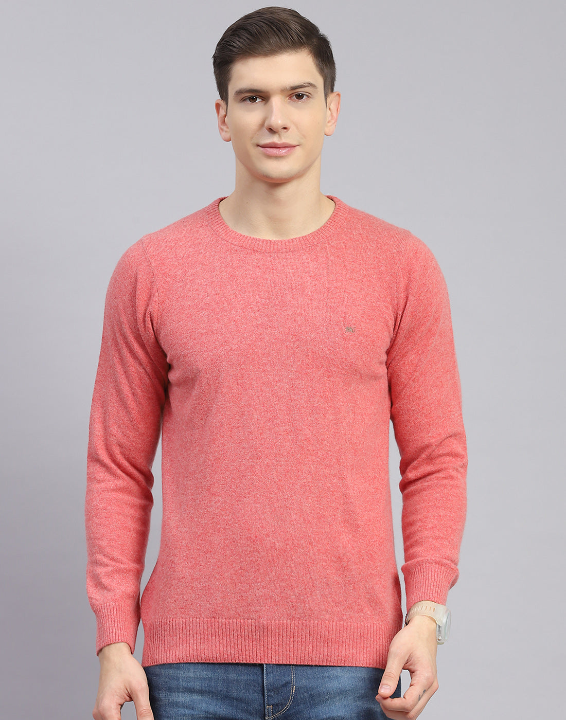 Men Pink Solid Round Neck Full Sleeve Sweater
