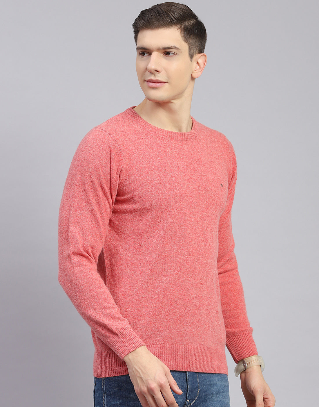 Men Pink Solid Round Neck Full Sleeve Sweater