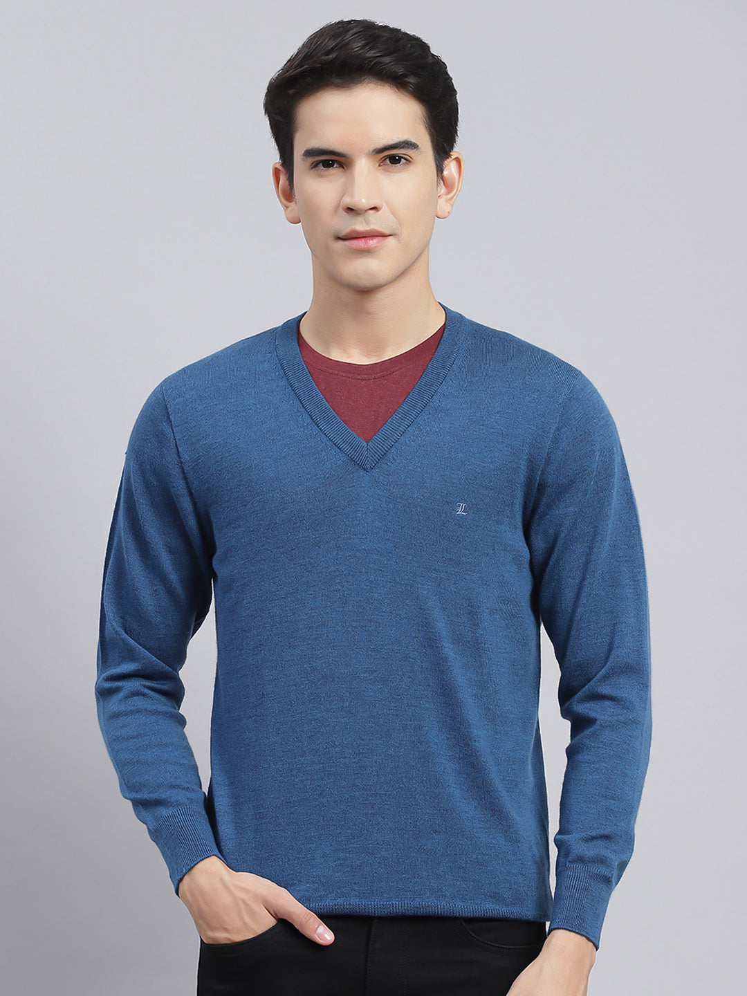 Men Blue Solid Pure wool Pullover