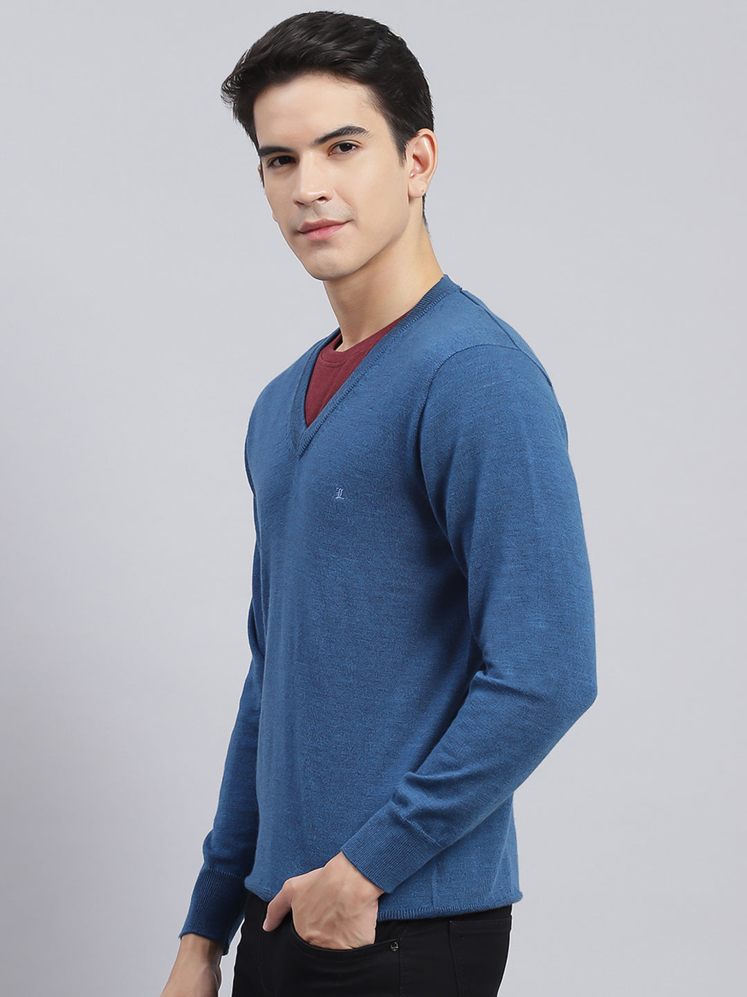 Men Blue Solid Pure wool Pullover
