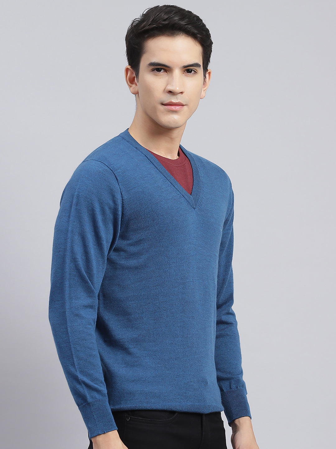 Men Blue Solid Pure wool Pullover