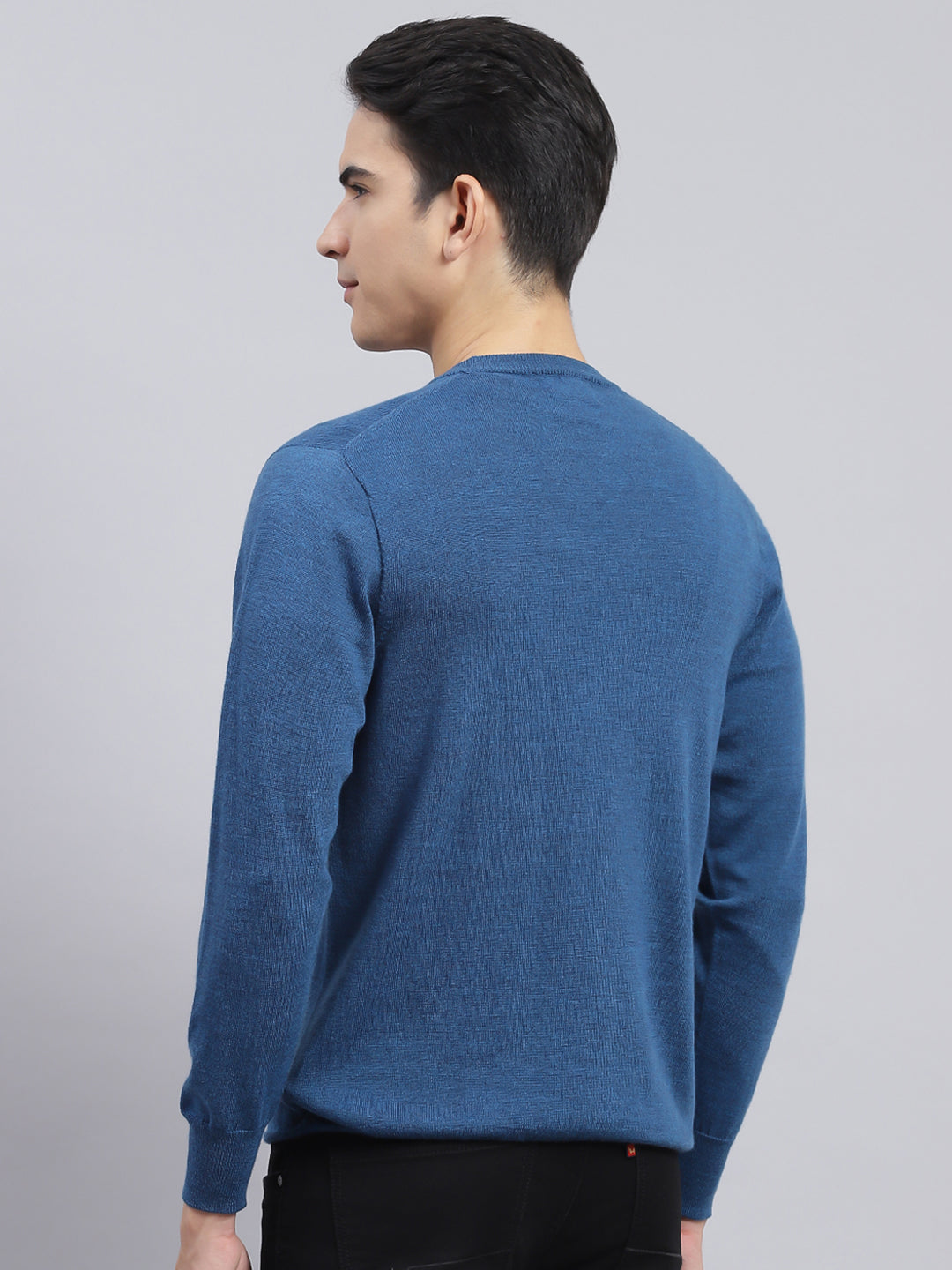 Men Blue Solid Pure wool Pullover